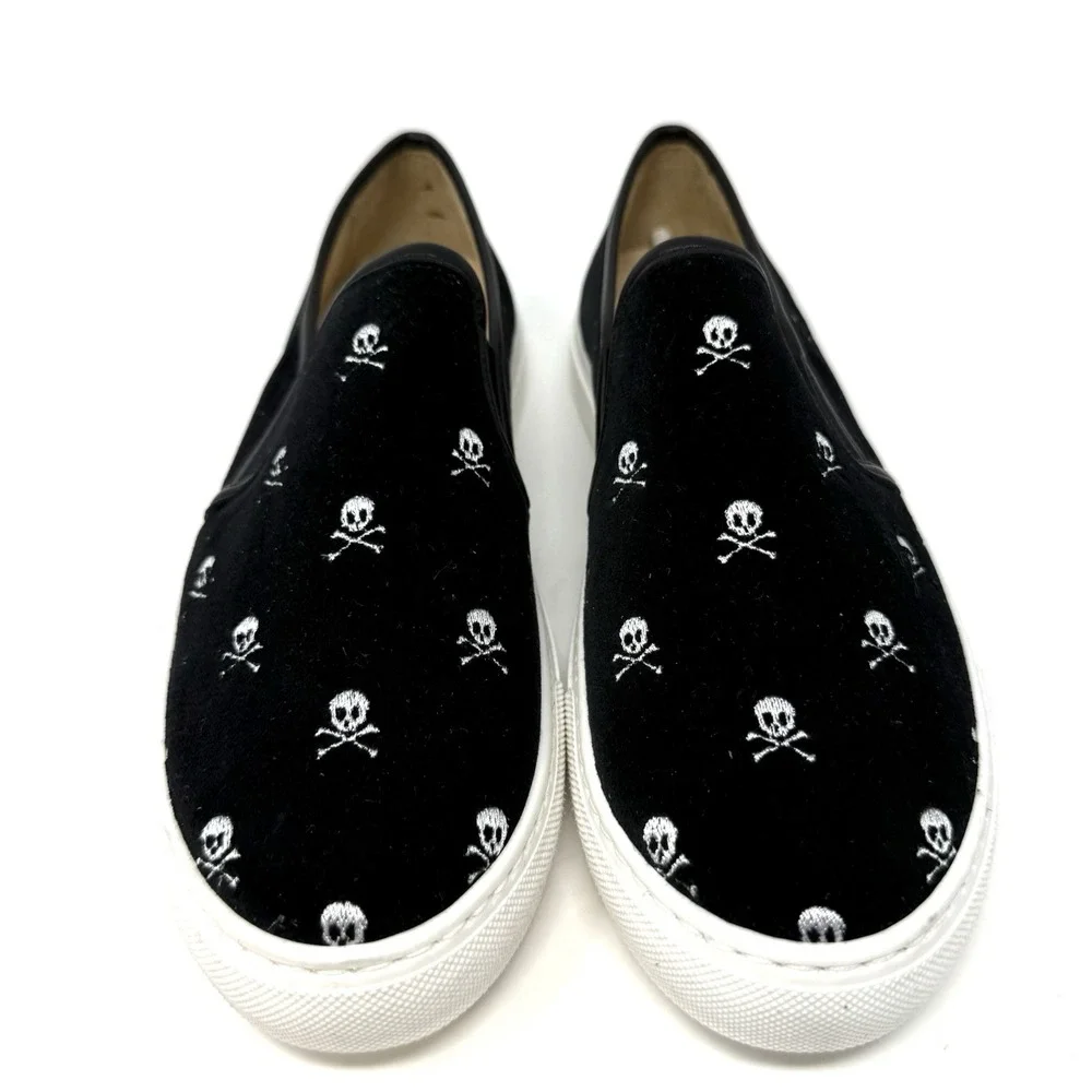Jon Josef Bari Sneaker Loafer‎ Slip-on Shoe Black Velvet Skull & Crossbones 38 8